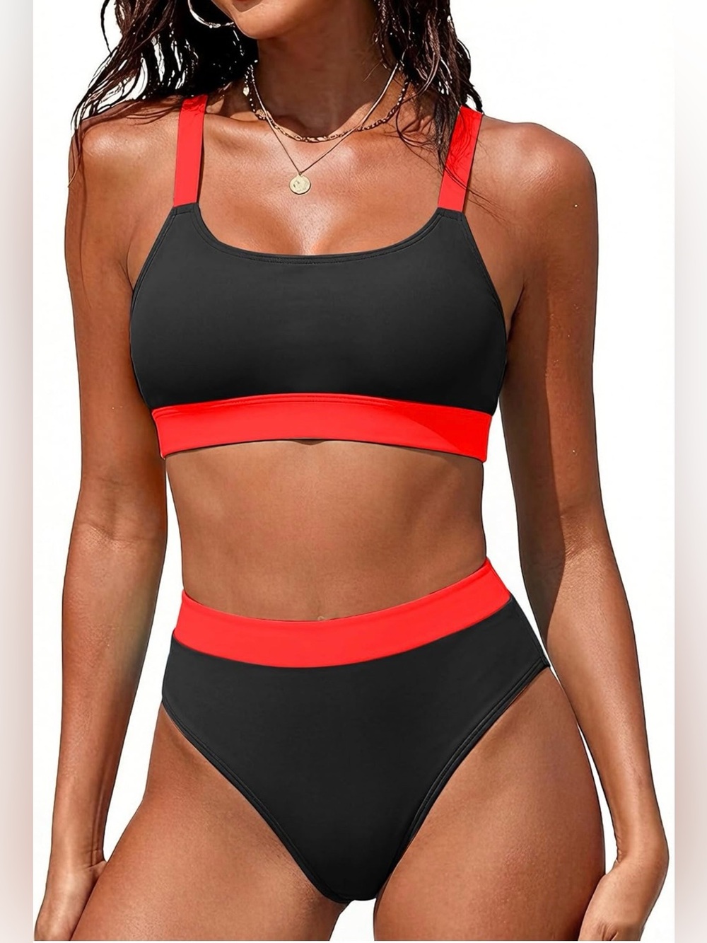 High Waisted Bikini Color Block Swimsuit 2 Piece Tummy Control